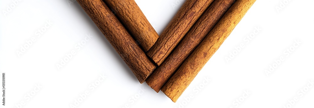 Poster Unique Arrangement of Cinnamon Sticks in a V Shape on White Surface Emphasizing Organic Elements and Designs : Generative AI