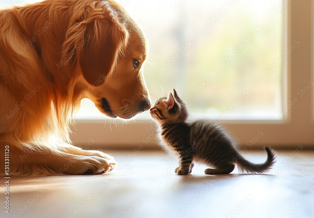 Poster playful interaction between adorable kitten and loving golden retriever in cozy indoor setting : gen