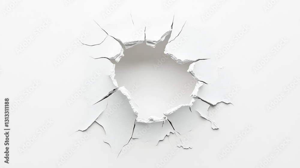 Poster cracked wall hole revealing empty space behind damaged surface creating a striking visual effect : g