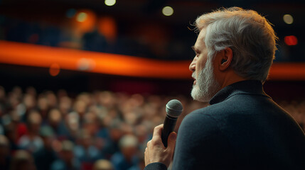 Fototapeta premium Speaker addressing audience at a conference, focused and professional, with blurred background.