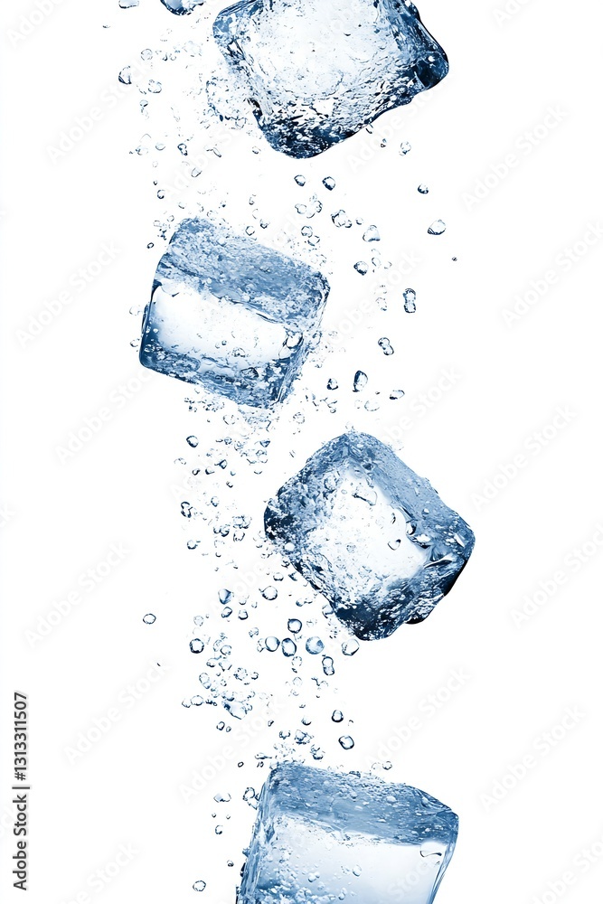 Leinwandbilder Falling ice cubes creating splashes of water against a white backdrop : Generative AI