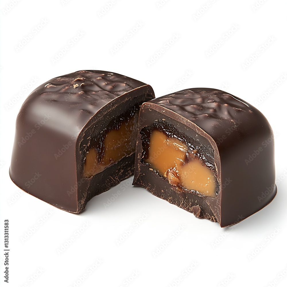 Poster cut chocolate candy with caramel filling and a glossy dark chocolate shell for gourmet indulgence : 