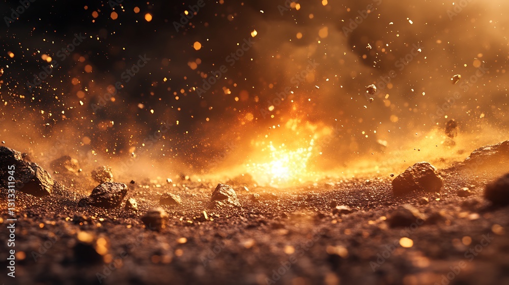 Poster dynamic explosion of fiery particles and rocks creating a stunning earthlike scene of energy : gener
