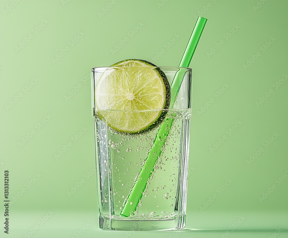 Poster chilled sparkling water served in a tall glass with lime garnish and a green straw : generative ai