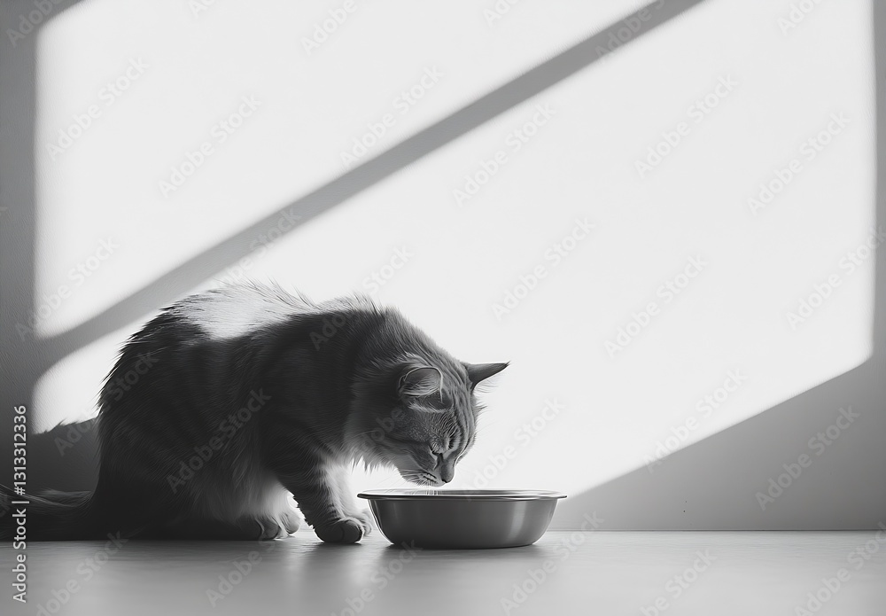 Poster sleek tabby cat drinking water from its bowl as morning sunlight casts soft shadows on the floor : g