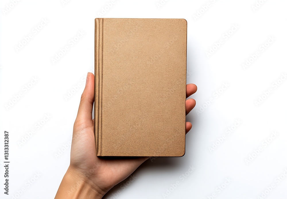 Poster Stylish brown notebook held by a hand against a clean white backdrop showing minimalist design : Generative AI