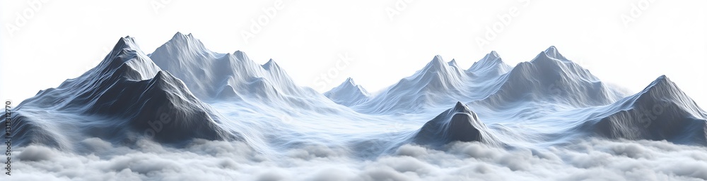 Poster surreal misty mountain range engulfed in clouds creating an ethereal winter scene : generative ai