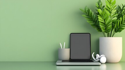 Modern Minimalist Workspace With Laptop Tablet And Plant