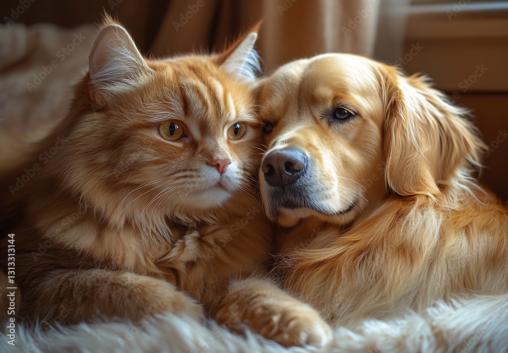 Poster Lovely display of friendship between a ginger cat and golden retriever snuggling indoors : Generative AI
