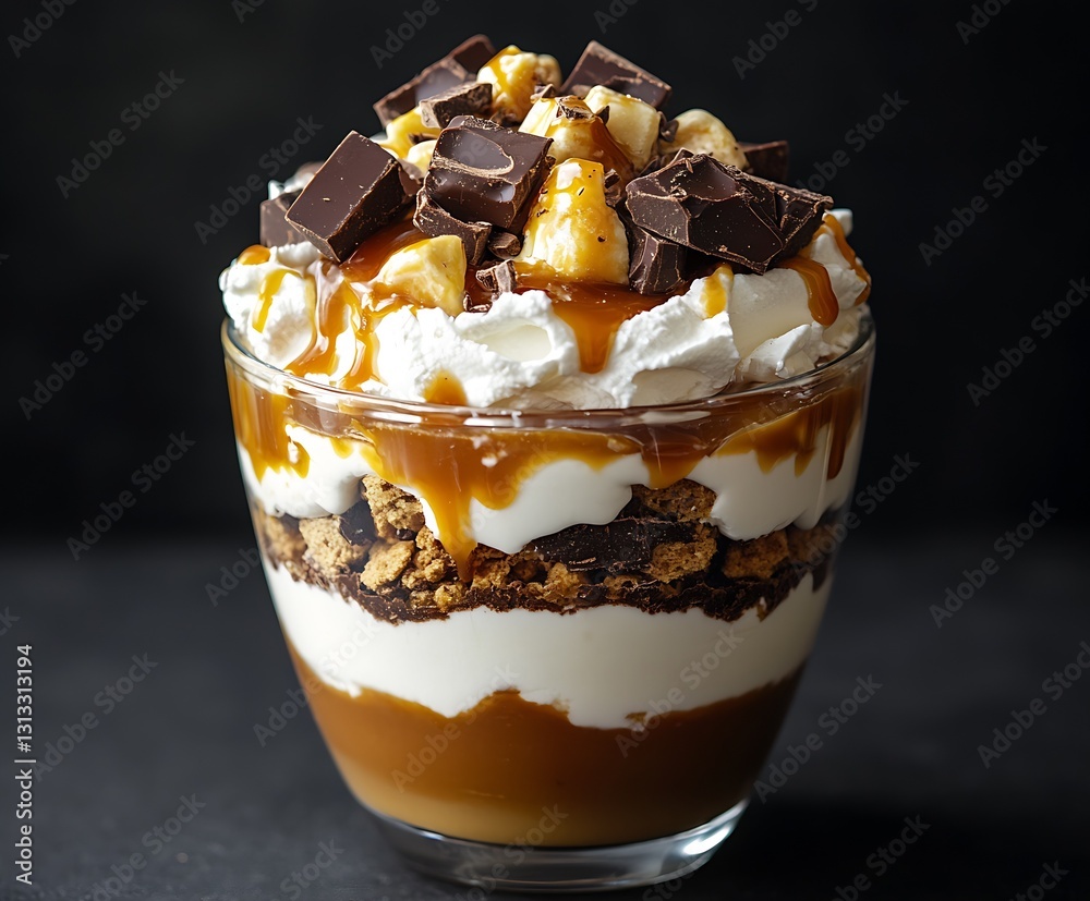 Poster Delicious layered chocolate dessert with caramel and whipped cream topped with nuts : Generative AI