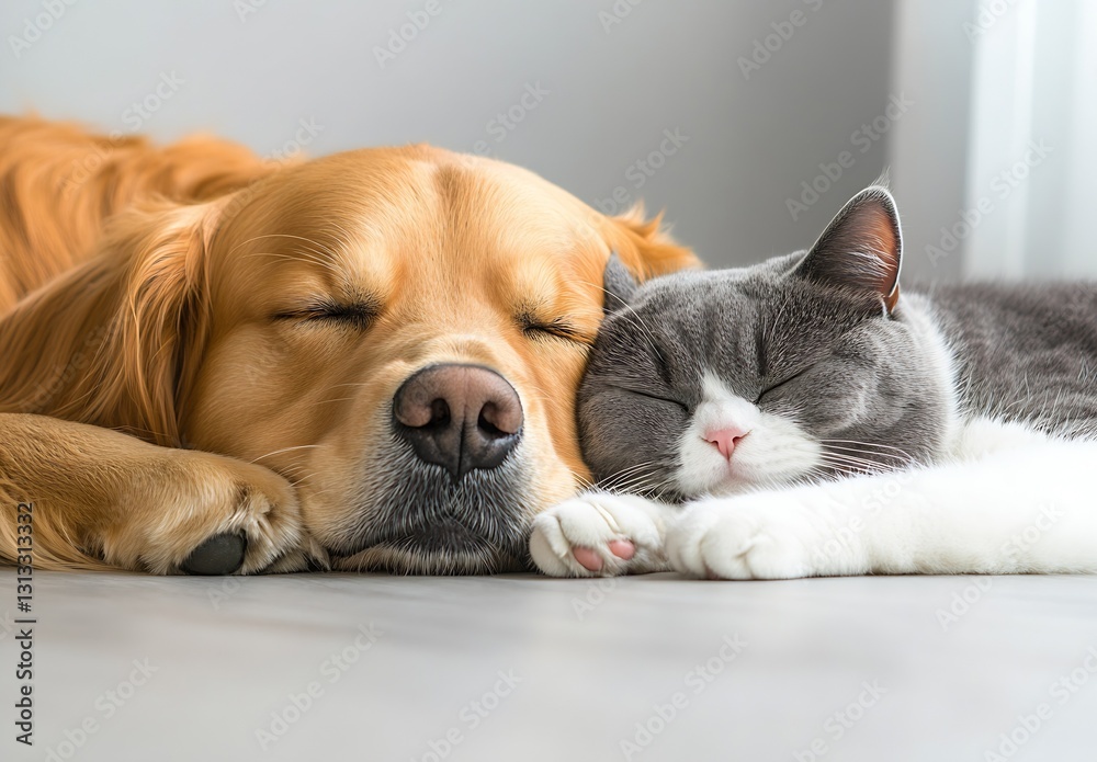Poster charming golden retriever dog and grey tabby cat napping side by side in a sunlit room : generative 