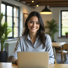 Emprendedora trabajando en un espacio de oficina elegante.