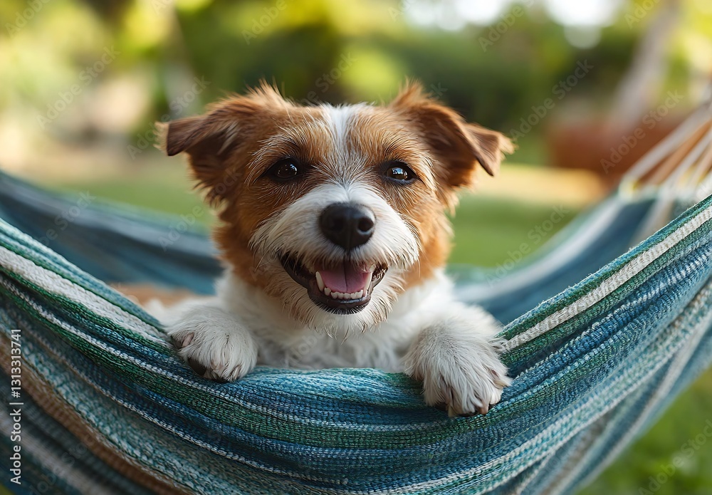 Aufkleber Happy dog relaxing in a colorful hammock with trees in the background enjoying a sunny day : Generative AI