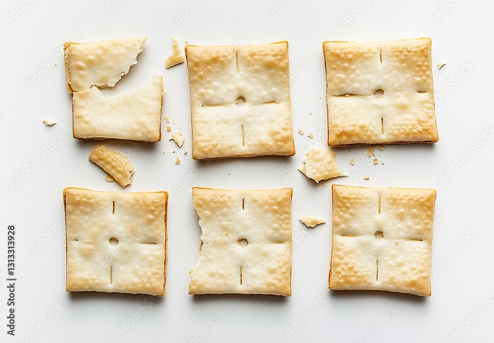 Poster Assorted square crackers with some broken pieces arranged on a clean white surface : Generative AI
