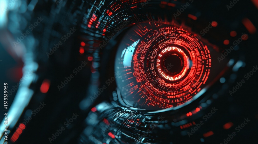 Poster a close-up view of a robotic eye, featuring intricate digital patterns and a glowing red core, evoki
