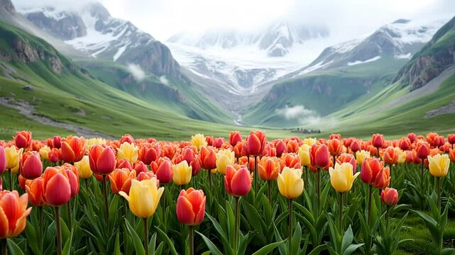 Vast Field of Vibrant Tulips in Full Bloom Stretching Across Valley with Snow Capped Mountains in Background - Festival Tulip, Srinagar