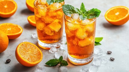 Fototapeta premium Refreshing iced tea with orange slices and mint. Perfect for summer, this image showcases a delicious and thirst-quenching beverage.