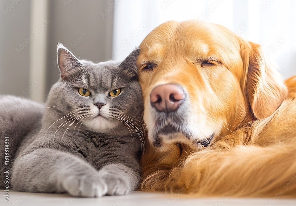 Poster adorable golden retriever and fluffy gray cat relaxing together in bright indoor setting : generativ