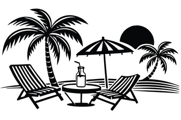 Obraz premium Relaxing Beach Scene Silhouette with Lounge Chairs and Palm Trees
