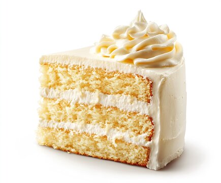 Delicious slice of vanilla cake with creamy frosting and a decorative swirl of whipped cream : Generative AI