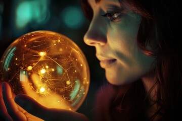 Naklejka premium Woman mesmerized by a glowing glass orb in soft light