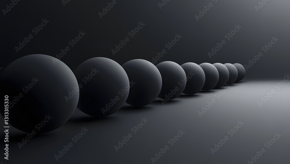 Poster Dark spheres in a row on a dark studio
