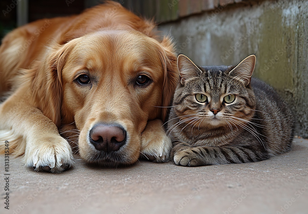 Poster Golden retriever and tabby cat resting together in a relaxed and peaceful manner : Generative AI