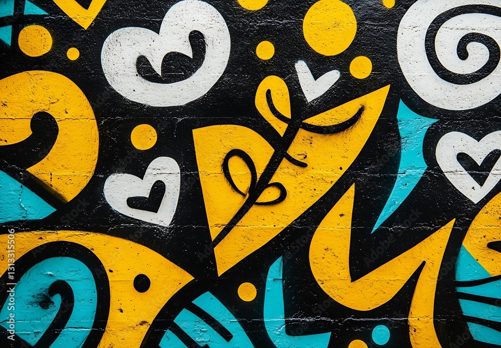 Poster bold and colorful graphic design featuring whimsical shapes and bright colors in a mural : generativ