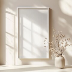 Empty white frame, sunlit room, dried flowers (1)