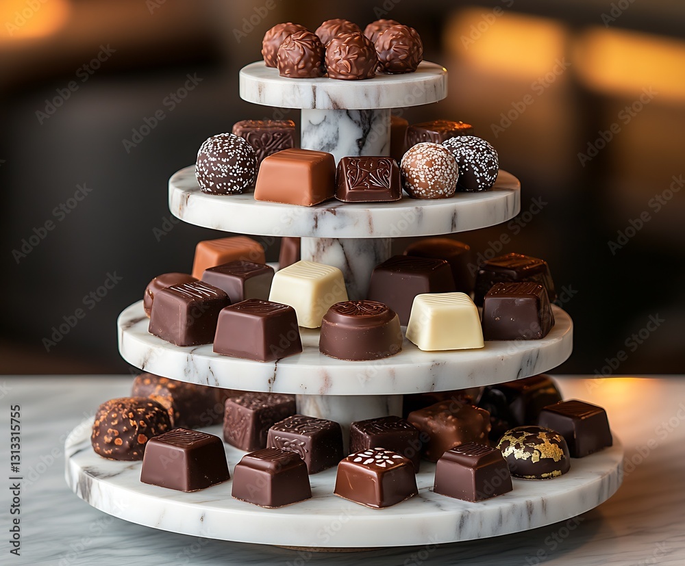 Poster elegant display of assorted chocolates on a marble stand perfect for special occasions and desserts 