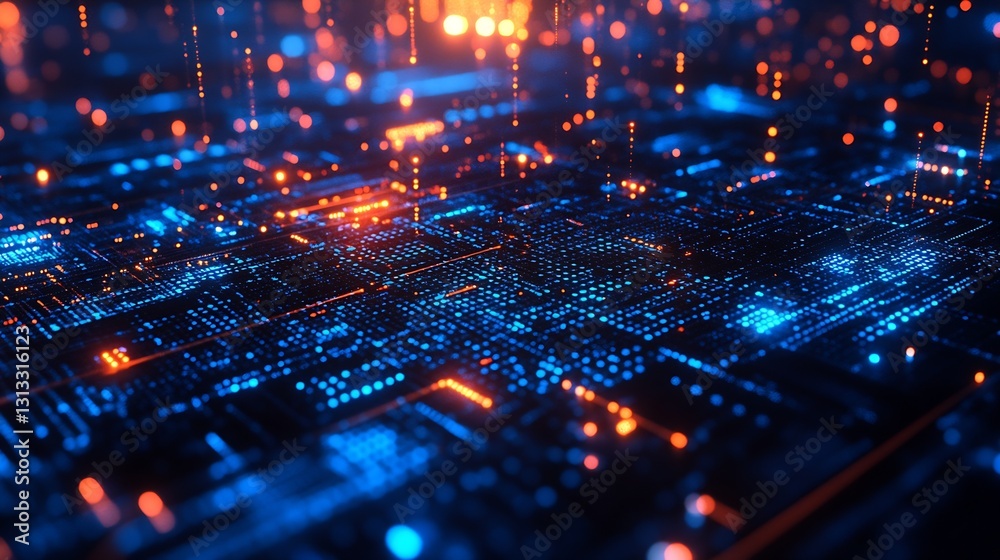 Poster Hightech digital artwork with vibrant blue and orange light patterns over a grid layout : Generative AI