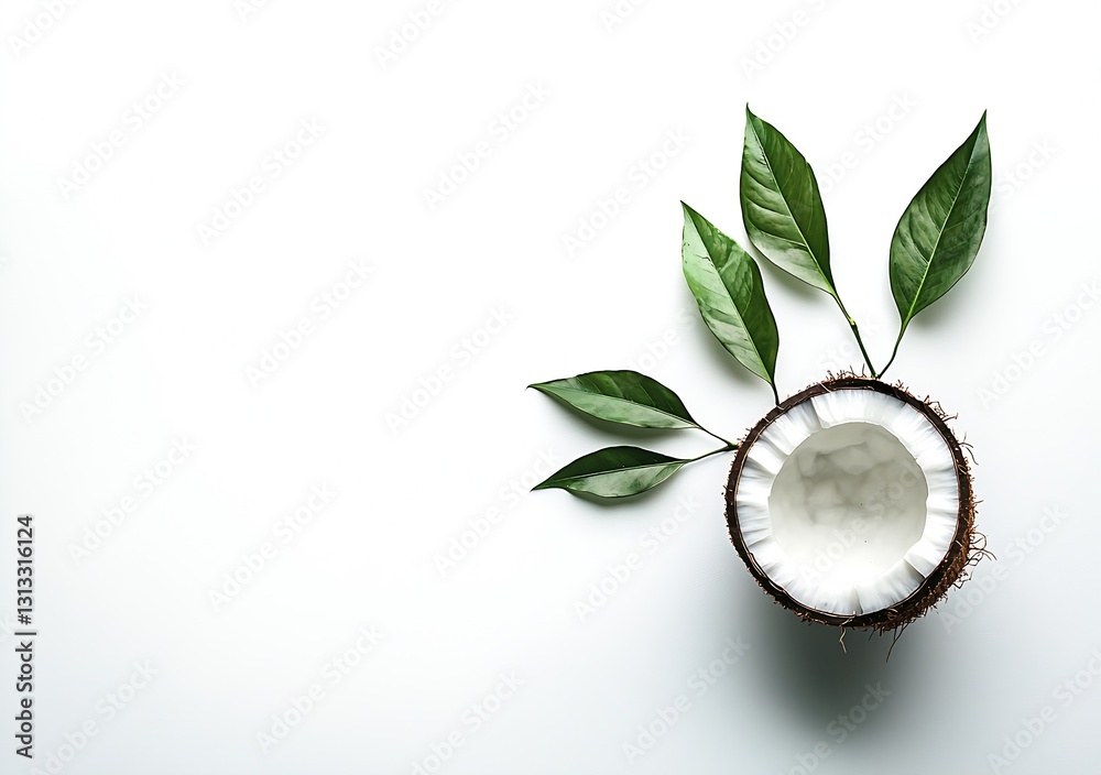 Aufkleber coconut half with white flesh surrounded by green leaves on minimalistic background : generative ai