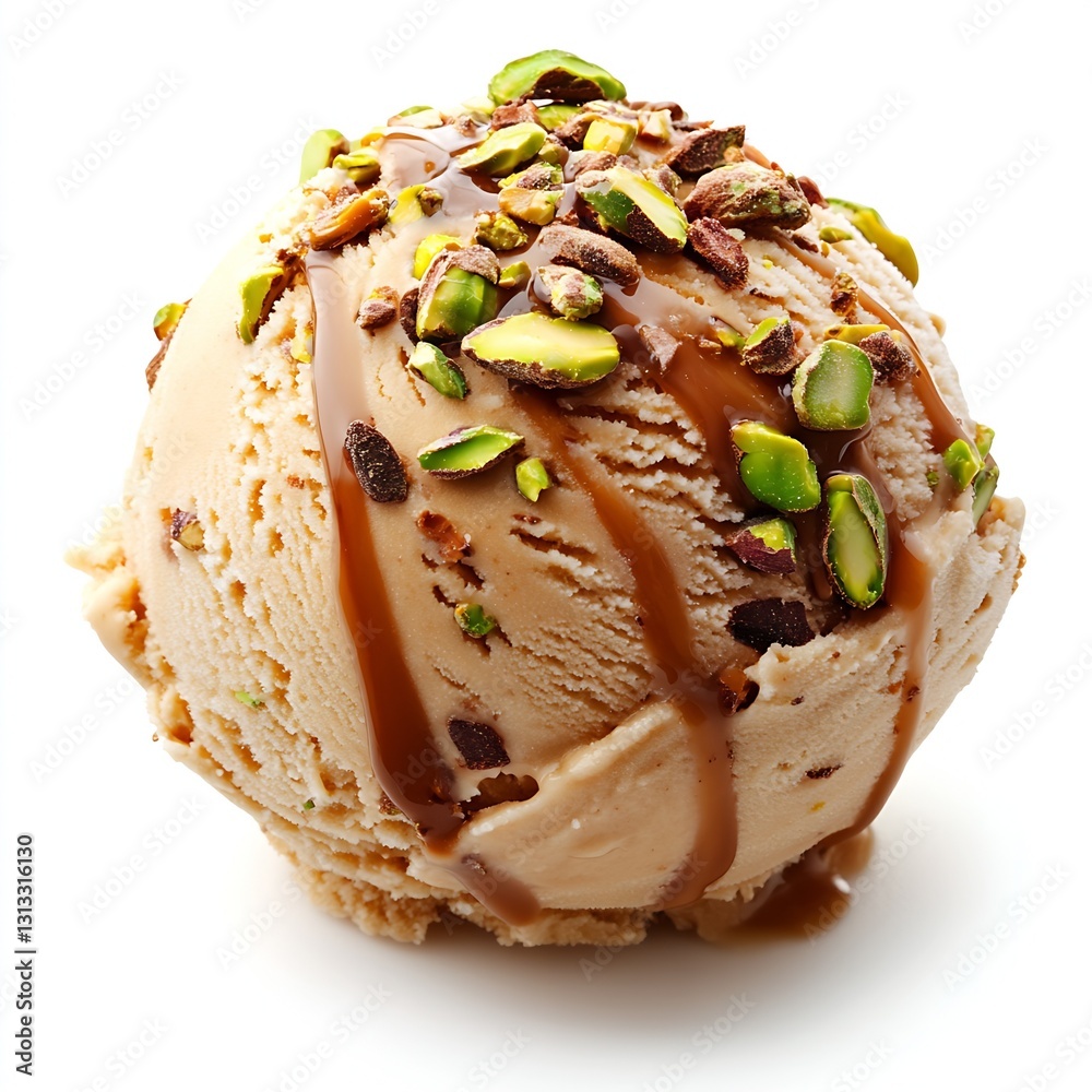 Poster rich and creamy pistachio ice cream scoop drizzled with caramel sauce in a stylish presentation : ge