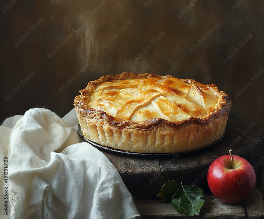 Poster delicious homemade apple pie fresh from the oven with golden crust and an apple on the side : genera