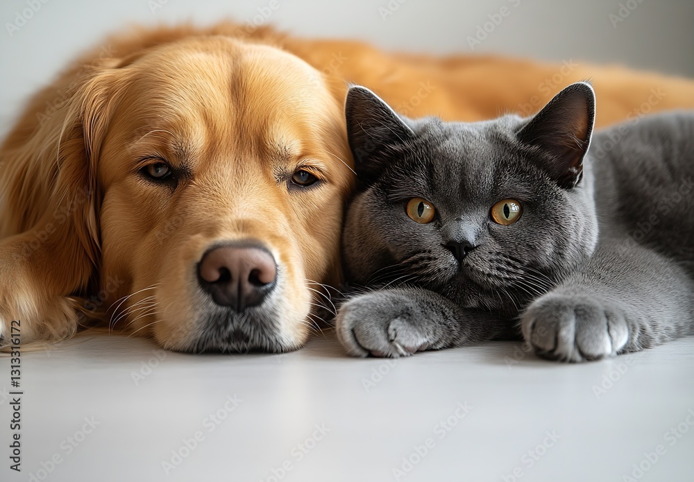 Poster golden retriever and gray cat cuddling peacefully on a cozy floor with soft lighting : generative ai