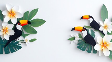 Naklejka premium Paper Art Toucans and Plumeria Flowers: A Tropical Summer Scene AI Generated