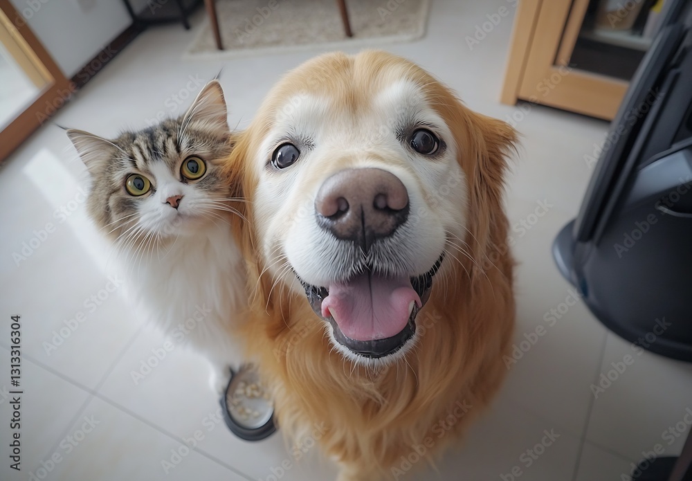 Poster Adorable dog and cat duo with joyful expressions creating a heartwarming moment at home : Generative AI