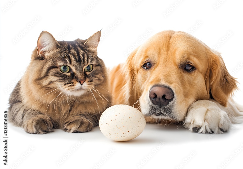Aufkleber Curious cat and dog exploring a unique egg together in a bright and clean setting : Generative AI