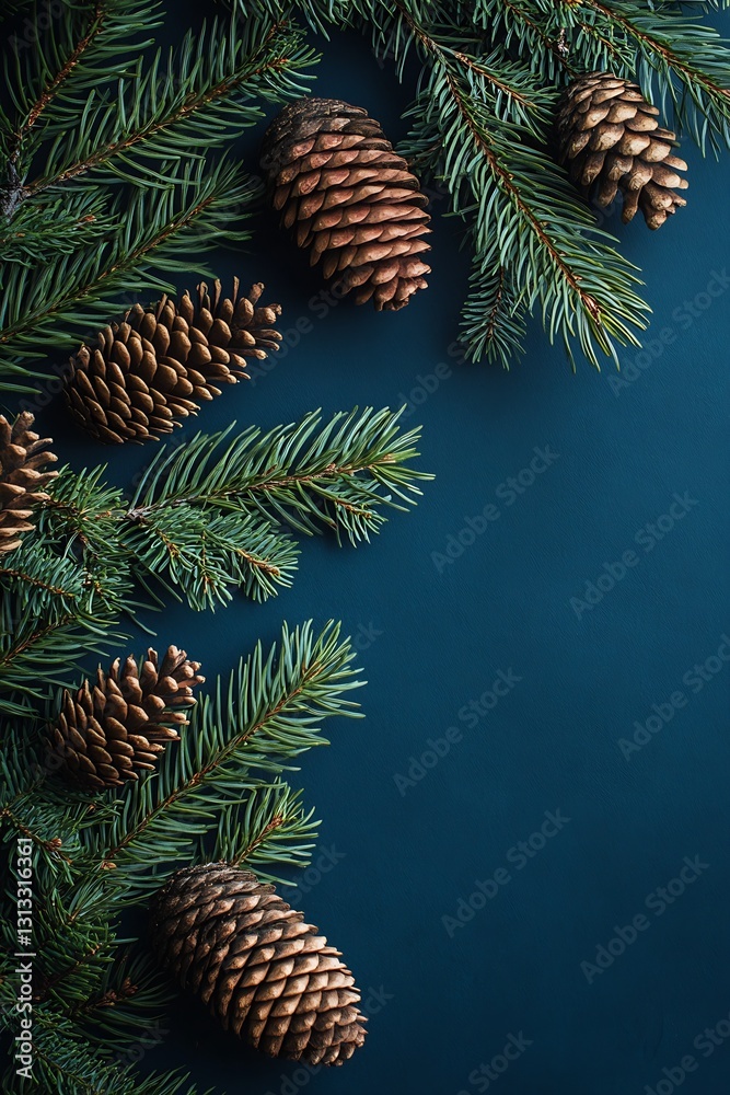 Poster natural pine cones and evergreen spruce branches arranged artistically on a dark background : genera
