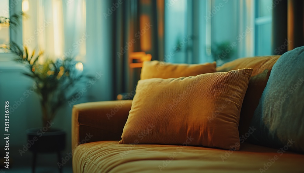 Poster charming sofa with plush orange and blue pillows illuminated by warm evening light creating a cozy v