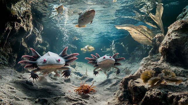 Sunken volcanic crater lake filled with axolotls giant salamanders blind cavefish freshwater crabs and exotic waterbirds