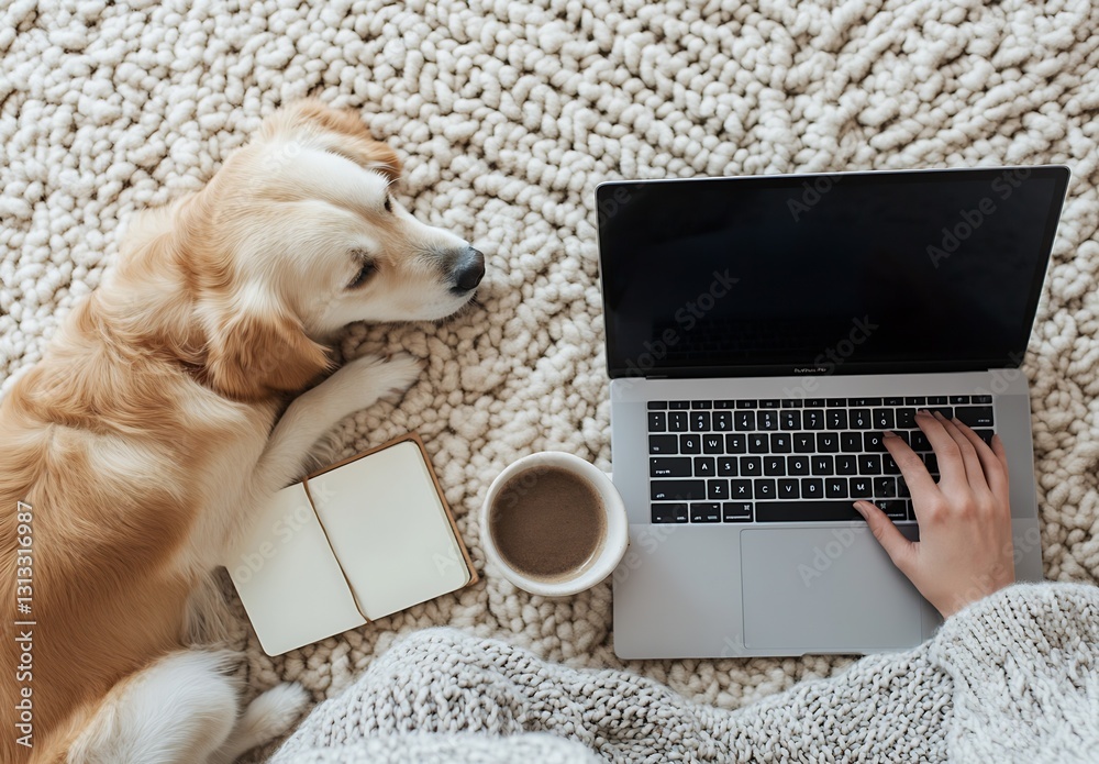 Poster Golden retriever lying next to a laptop while a person writes in a notebook nearby : Generative AI