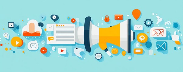 Strategic social media marketing for brand success, showcasing customer interaction, content creation, and audience targeting, sleek and colorful design