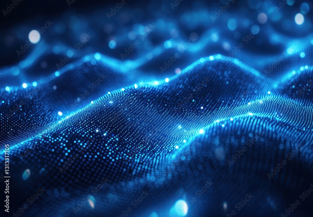 Poster abstract glowing blue particles creating a wave-like surface with a digital feel in a deep and vibra