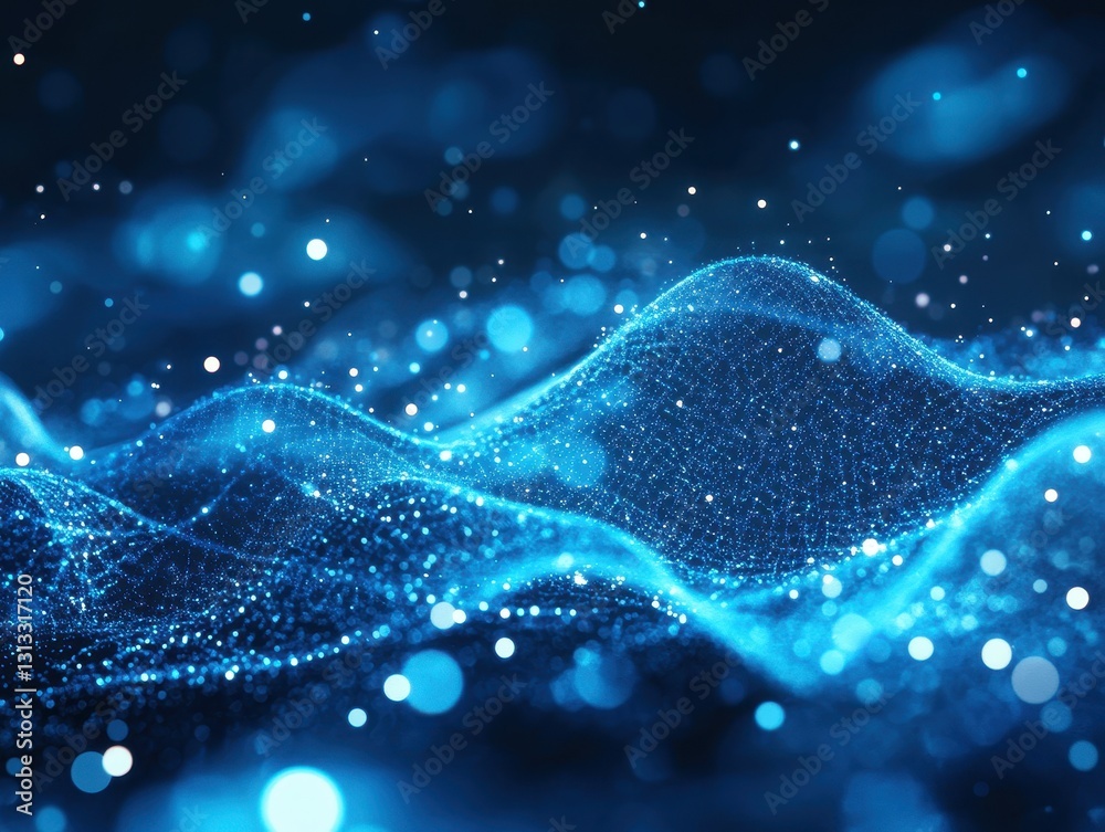Poster abstract glowing blue waves with sparkling particles in a dark background creating a sense of depth 