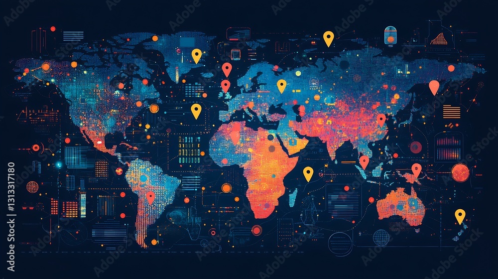 Poster HighTech World Map Infographic Demonstrating Data Points and Global Information Network : Generative AI