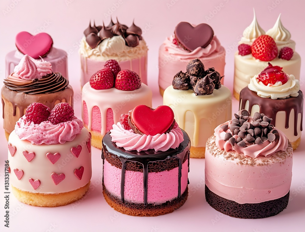 Poster delicious assortment of decorated mini cakes with vibrant toppings in a sweet display on a pink back