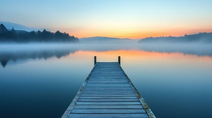 Fototapeta premium Serene sunrise over misty lake, wooden dock extends to calm water. Ideal for peace, tranquility, and nature themes, evokes calmness and serenity.
