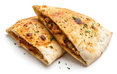 Delicious and aromatic stuffed flatbreads filled with savory chicken and herbs on a white background : Generative AI