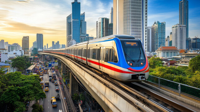 Modern City Train on Elevated Track Above Busy Street Traffic at Sunset
